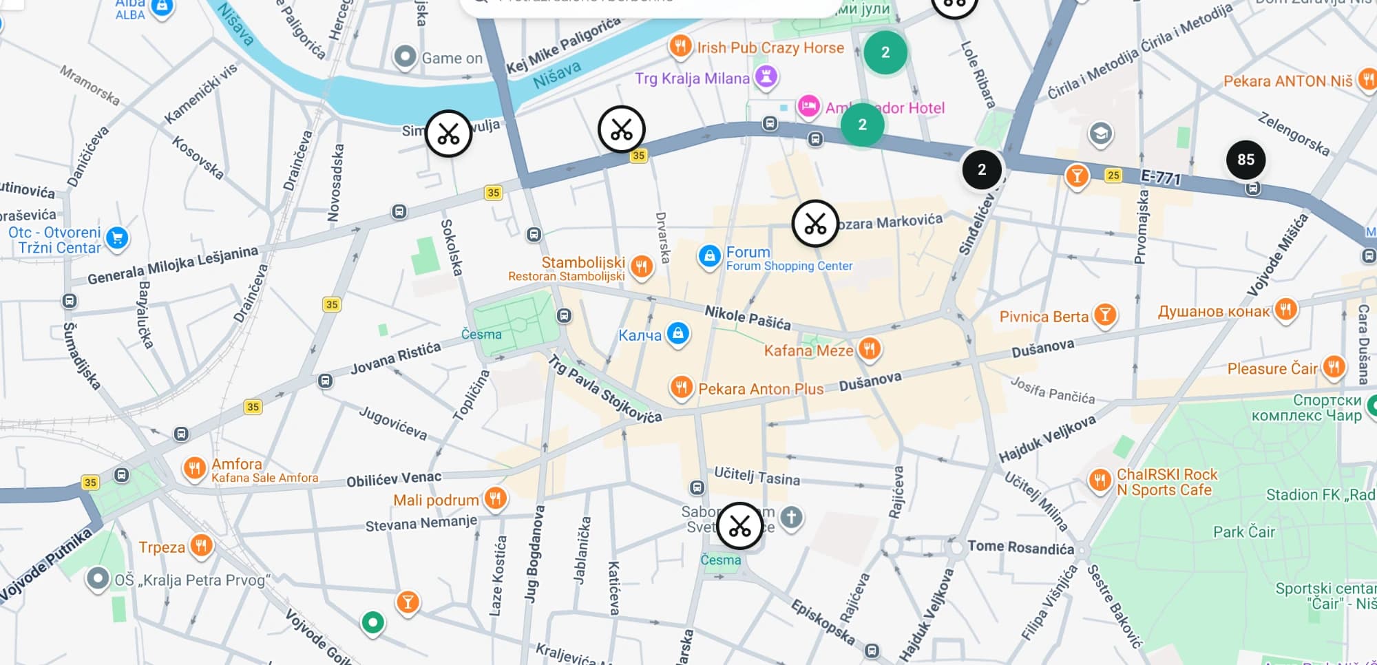 Mapa Niša sa označenim salonima i berbernicama